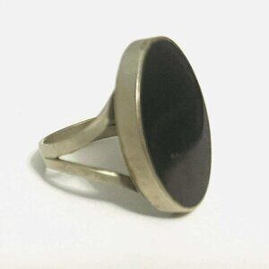 Vintage Soviet silver ring with deep black jet stone, minimalist and bold.